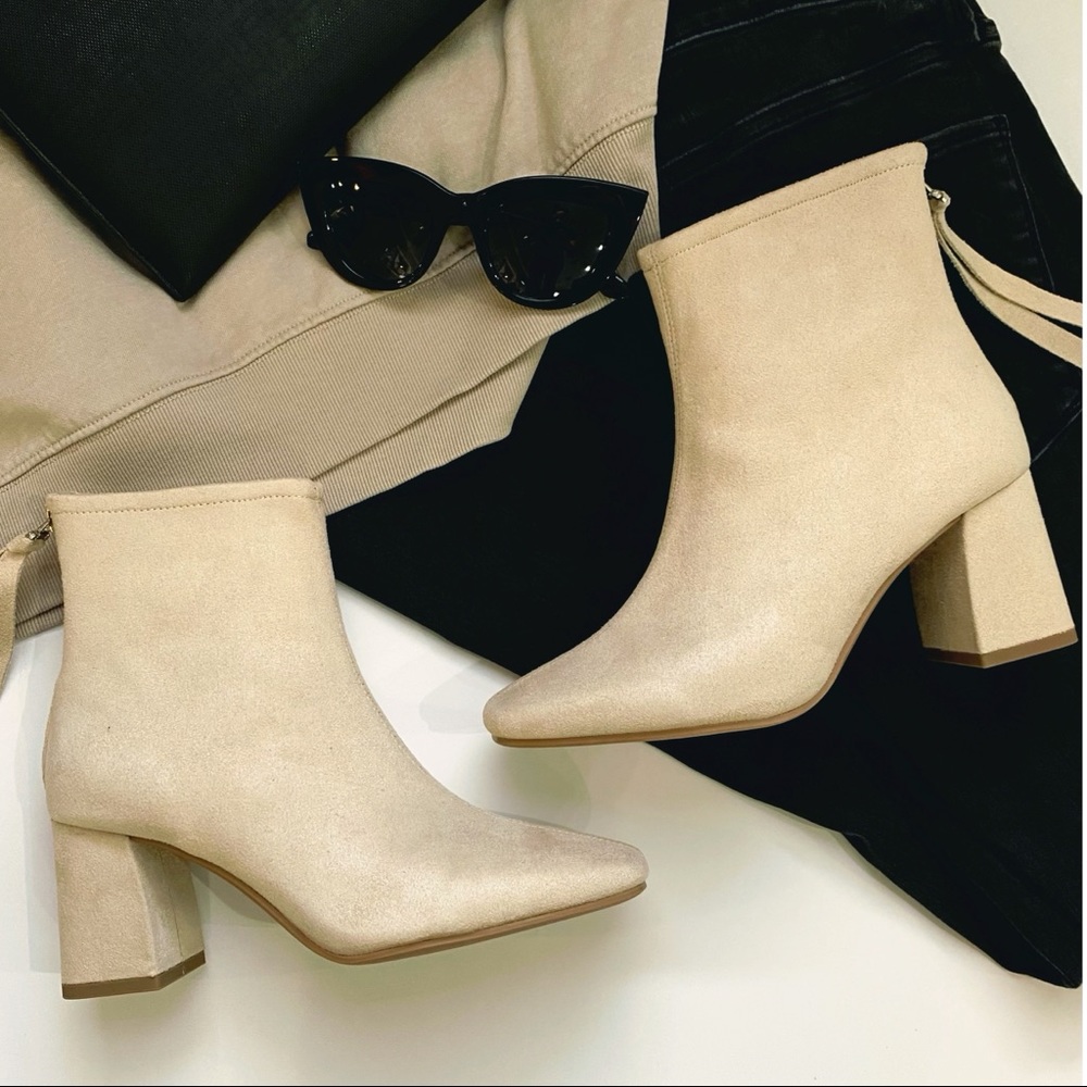 Zylia nude beige faux suede square toe ankle booties block heels NIB
